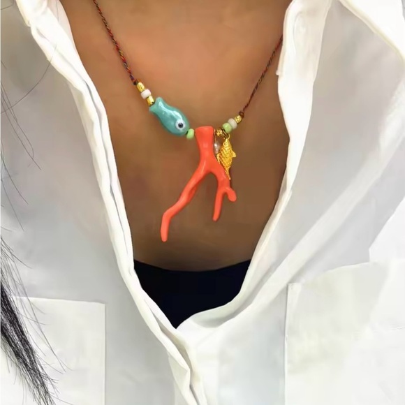 Colorful Coral Ocean Boho Pendant Necklace Fish